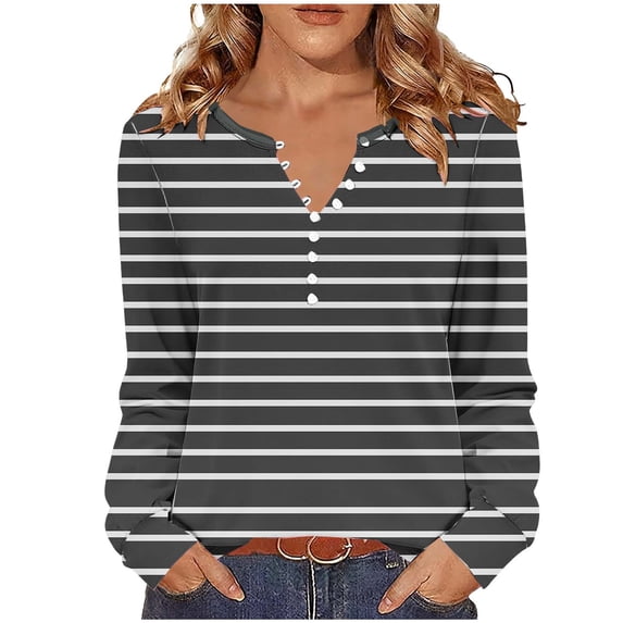 LIaqionyy Womens Striped Shirt Long Sleeve Fall Outfits V Neck T Shirts Button down Tunic Tops Fashion Clothes