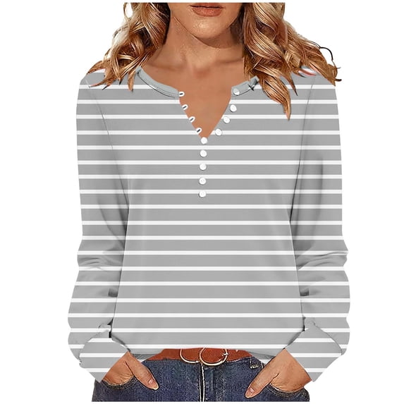 LIaqionyy Womens Striped Shirt Long Sleeve Fall Outfits V Neck T Shirts Button down Tunic Tops Fashion Clothes