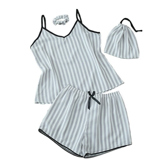 LIaqionyy Womens Summer Pajamas Sets Stripes Pajamas Loungewear Camisole Top with Short Sleepwear 4Pcs for All Season