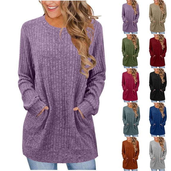 LIaqionyy Womens Sweaters Crewneck Long Sleeve Shirts Lightweight Fashion Blouses Dressy Tops with Pocket