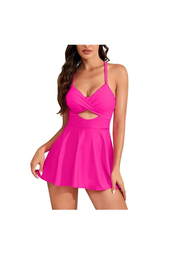 Womens Swimsuits Adjustable Straps High Waist Cutout Crossover V Neck Backless Swim Dress Elegant Swimwear