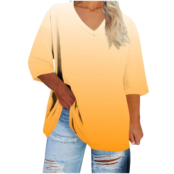 LIaqionyy Womens Tops Casual 3/4 Length Sleeve V Neck Summer T Shirts Fashion Spring Plus Size Clothes S-5XL