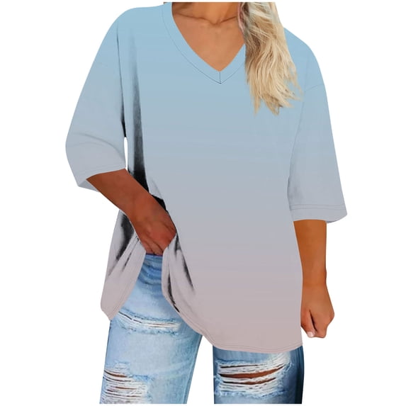 LIaqionyy Womens Tops Casual 3/4 Length Sleeve V Neck Summer T Shirts Fashion Spring Plus Size Clothes S-5XL