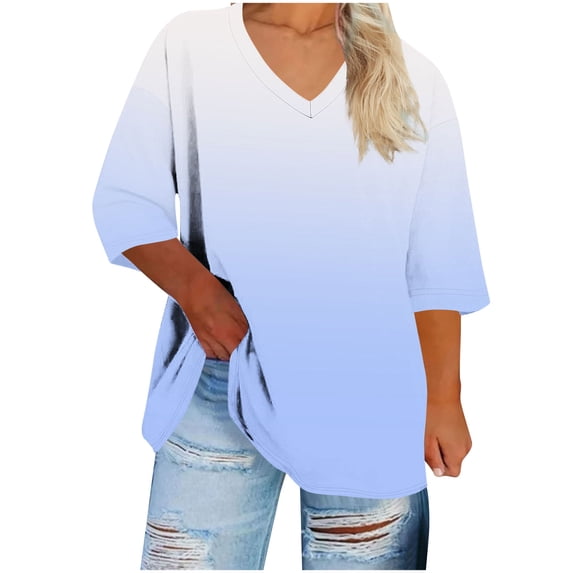 LIaqionyy Womens Tops Casual 3/4 Length Sleeve V Neck Summer T Shirts Fashion Spring Plus Size Clothes S-5XL