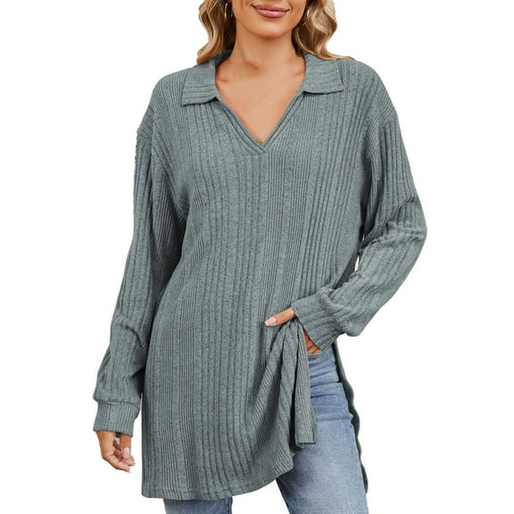 LIaqionyy Womens Tunic Tops Long Sleeve V Neck Fall Outfits Business Casual Pullover Sweater Loose Fashion Clothes