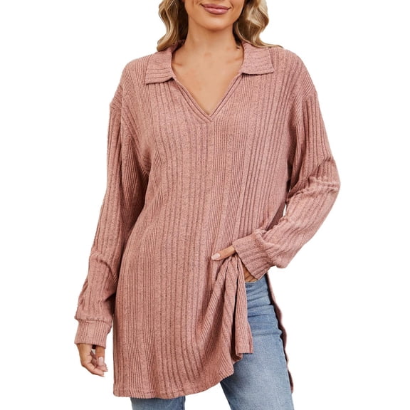 LIaqionyy Womens Tunic Tops Long Sleeve V Neck Fall Outfits Business Casual Pullover Sweater Loose Fashion Clothes