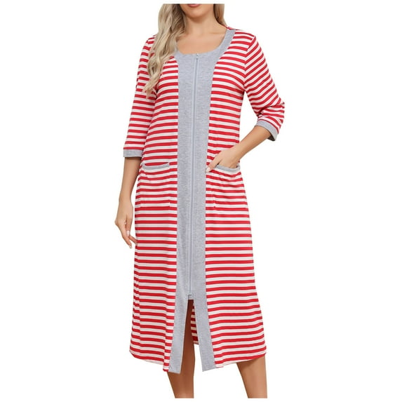 LIaqionyy Womens Zipper Bathrobes Casual 3/4 Sleeve Loungewear Dress Full Length Stripes Sleepwear with Pockets