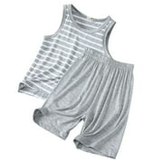 LIhncine Big Boys Pajamas Set Soft Cotton Striped Tops with Shorts Pants Kids 8-16 Years(Grey,10-11 Years)