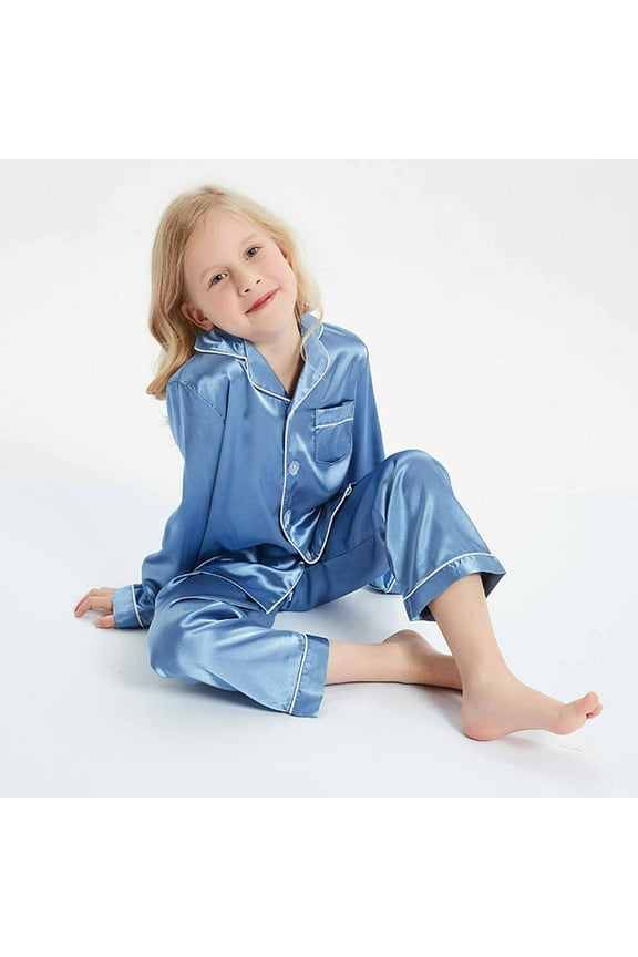 LIhncine Girls Boys Kids Silk Satin Pajamas Set Button-Down Clothes Long Sleeve Loungewear Sleepwear PJS