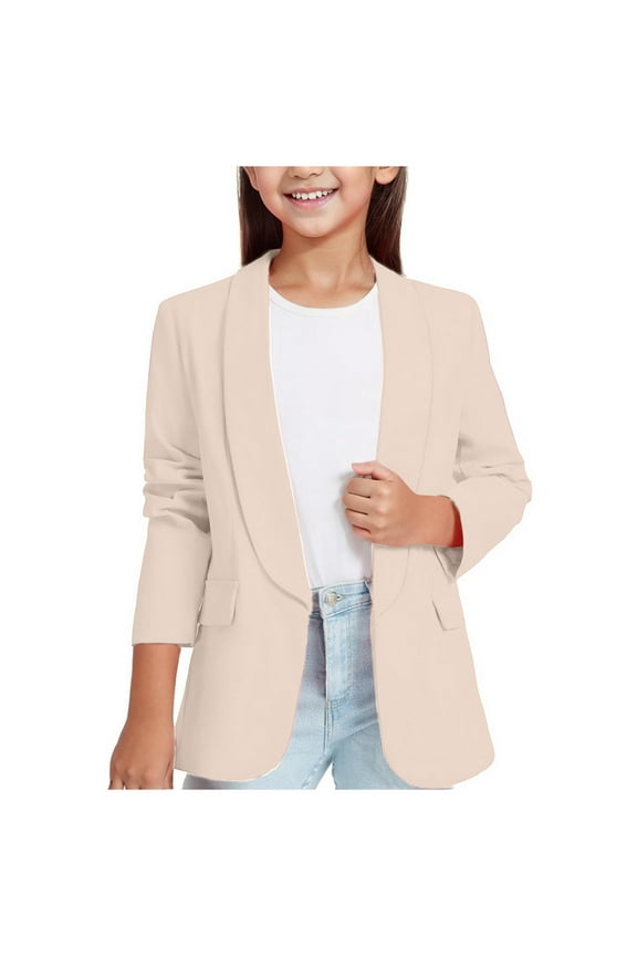 LIhncine Girls Solid Blazer Jacket Long Sleeve Shawl Collar Open Front Inner Pocket Formal Blazers for Kids Size 3-14 Year