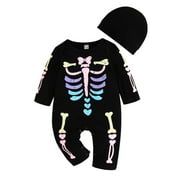 LIhncine Infant Baby Girl Halloween Outfit Long Sleeve Skeleton Print Jumpsuit Sweatshirt Romper with Hat Fall Clothes
