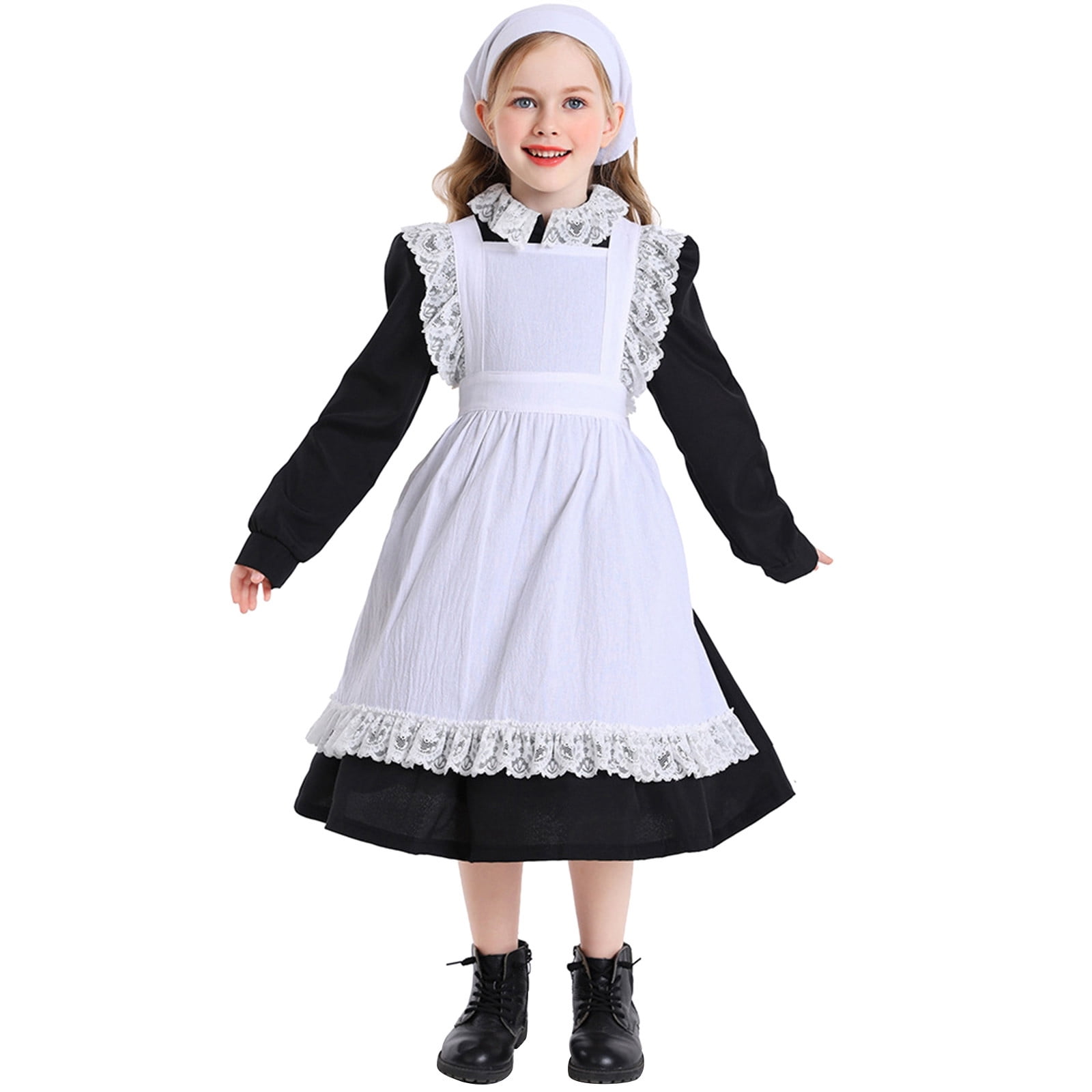 LTAKK Girls Colonial Pioneer Dress Costume - Prairie Girl Outfit With Apron, Bonnet & Shawl