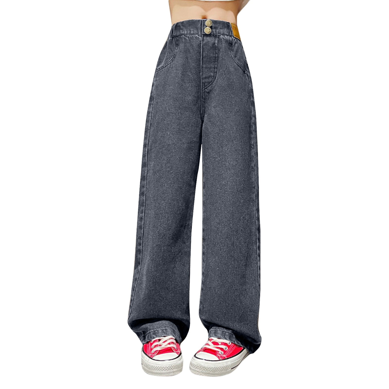 5-14 Yrs Kids Girls Jeans Distressed Elastic Waist Baggy Denim Wide Leg Pants Tro | ChicGrl