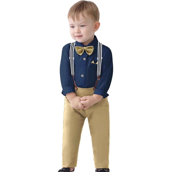 LIhncine Toddler Dress Suit Baby Boys Clothes Sets Bowtie Shirts Suspenders Pants 4pcs Gentleman Outfits Suits 6 Month 6 Years