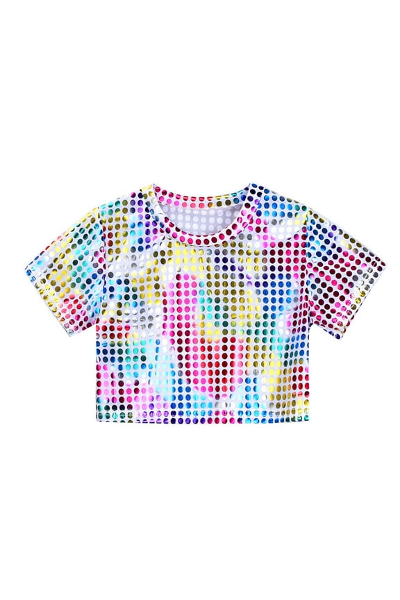 Toddler Girl's Metallic Drop Shoulder Short Sleeve Round Neck Crop Tee Top