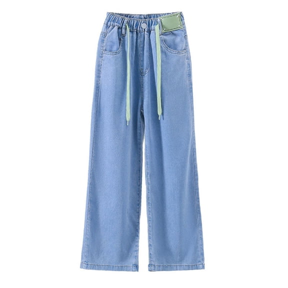 REDARER Wide Leg Jeans for Girls Elastic High Waisted Pull On Drawstring Baggy Denim Pants Plus Size