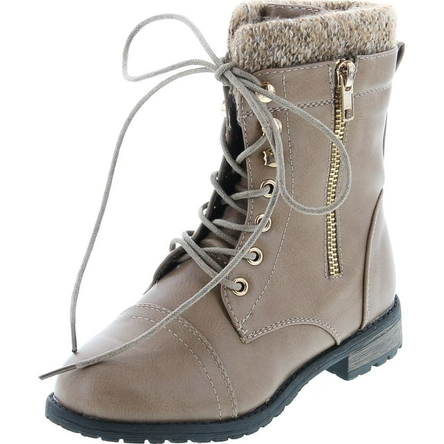 LInk Mango-31 Kids Round Toe Military Lace Up Knit Ankle Cuff Low Heel Combat Boots, Taupe, 3