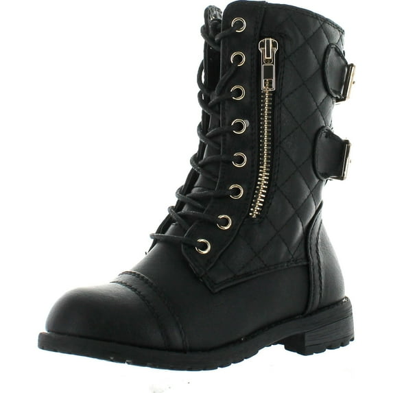 LInk Mango79K Childrens Girls Mid Calf Quilted Back Buckle Lace Up Combat Boots, Black, 3