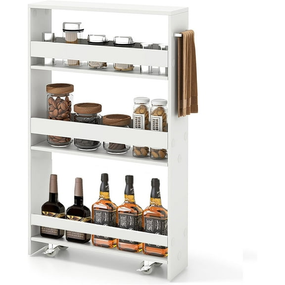 LInyy 4-Tier Slim Rolling Storage Cart, Wooden Kitchen Utility Cart with Wheels & Handle, Space Saving Trolley, Slide Out Shelving Unit for Narrow Spaces, Laundry, Bathroom (White)