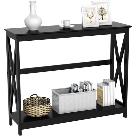 LInyy Console Table for Entryway, 2 Tier Entryway Table Bookshelf Accent Table w/Storage Shelf Living Room Entry Hall Foyer Table Furniture, Black,X-Design