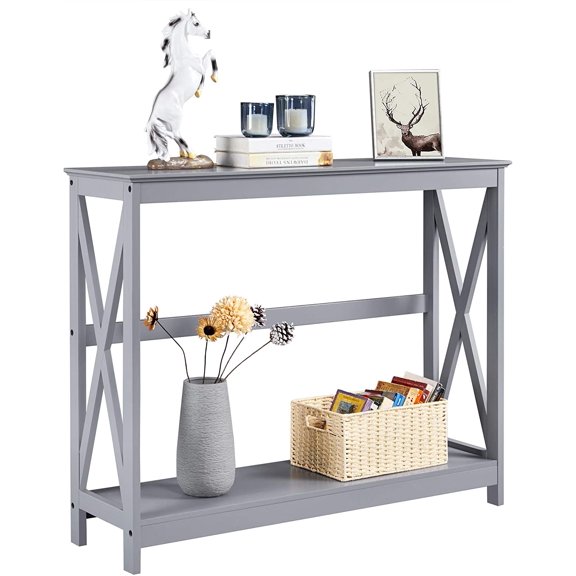 LInyy Console Table for Entryway, 2 Tier Narrow Sofa Table Bookshelf Accent Tables w/Storage Shelf, Living Room Entry Hall Foyer Tables Furniture, Grey