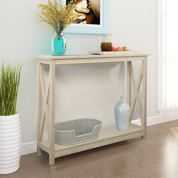 LInyy Console Table, Modern Farmhouse Wood Entryway / Sofa Table with 2-Tier Storage, 39 Inch, White Oak