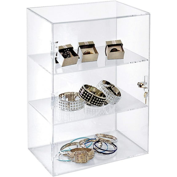 LInyy Displays 255412 Acrylic Lockbox Countertop Display Case w/ 2 Shelves 12.375"" Wide, Clear