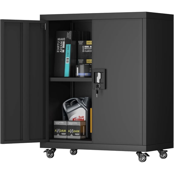 LInyy Garage Storage Cabinet with Wheels, 31.5H Lockable Tool Cabinets, Metal Storage Cabinets with Adjustable Shelf, Rolling Utility Cabinet for Home Office, Garage and Basement, Black