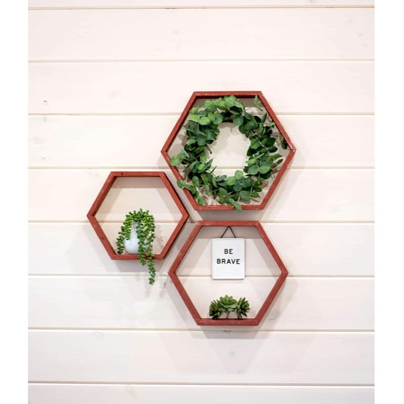 LInyy Hexagon Floating Shelves Set of 3 Rustic Farmhouse Reclaimed Wood Honeycomb Shelves Wall Hanging Octagon Rustic Red