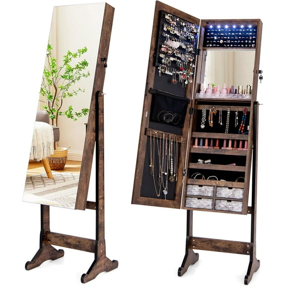 LInyy Jewelry Armoire Cabinet with Full Length Mirror, 6 LEDs Standing Lockable Jewelry Organizer with Vanity Makeup Mirror, 4 Storage Drawers, 4 Shelves, Lipstick Tray, 4 Angles (Rustic Brown)
