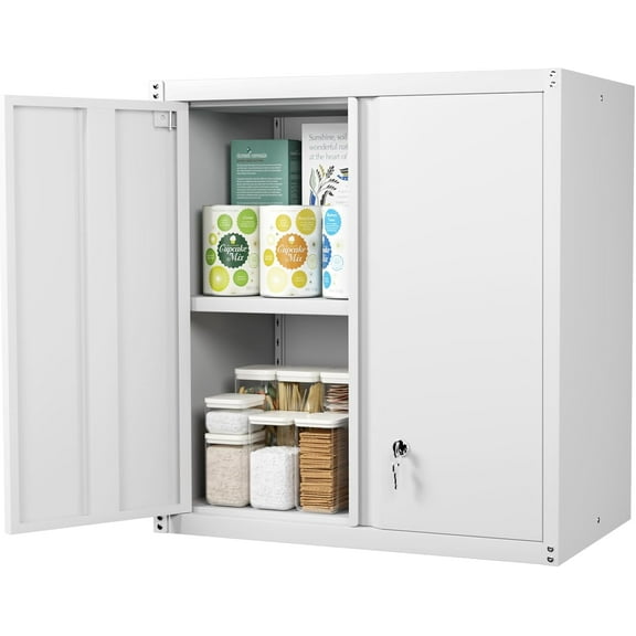 LInyy Metal Storage Cabinet with Lock, Kitchen Cabinets Wall Mounted, Steel Wall Cabinet with Doors and Shelves, Hanging Cabinet for Laundry, Pantry, Home Office, White