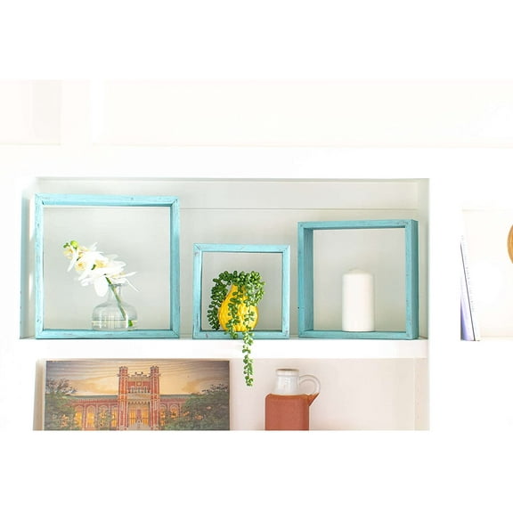 LInyy Robins Egg Blue Rustic Shelves, Square Floating Wood Shadowbox, Home Decor, Set of 3