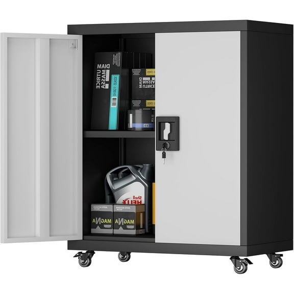 LInyy Rolling Tool Cabinet with Doors and Shelves, 31.5H Metal Lockable Cabinet with 2 Keys, Steel Garage Storage Cabinet on Wheels for Home, Warehouse, Utility Room, Black Grey