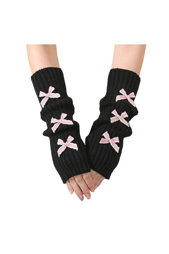 Fingerless Long Gloves for Women Knit Soft Feel Winter Thumb Hole Arm Warmers Wrist Gloves with Fashion Bowknots Pink