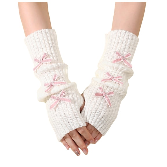 LIspipm Fingerless Long Gloves for Women Knit Soft Feel Winter Thumb Hole Arm Warmers Wrist Gloves with Fashion Bowknots Pink