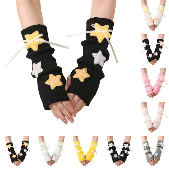 LIspipm Fingerless Long Gloves for Women Knit Thumb Hole Arm Winter Warmers Wrist Gloves Cute Starts Decorations Arm Sleeves Black