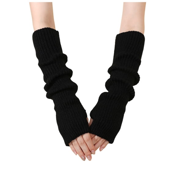 LIspipm Knit Fingerless Long Gloves for Women Casual Thumbhole Stretchy Arm Warm Wrist Mittens Fall Winter Sleeves Black