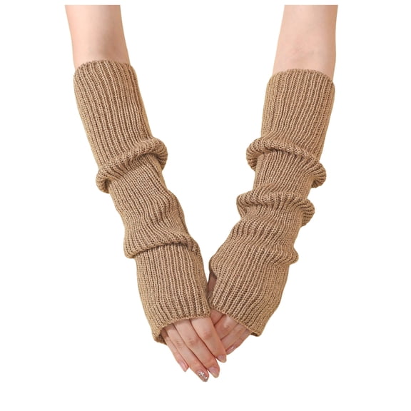 LIspipm Knit Fingerless Long Gloves for Women Casual Thumbhole Stretchy Arm Warm Wrist Mittens Fall Winter Sleeves Brown