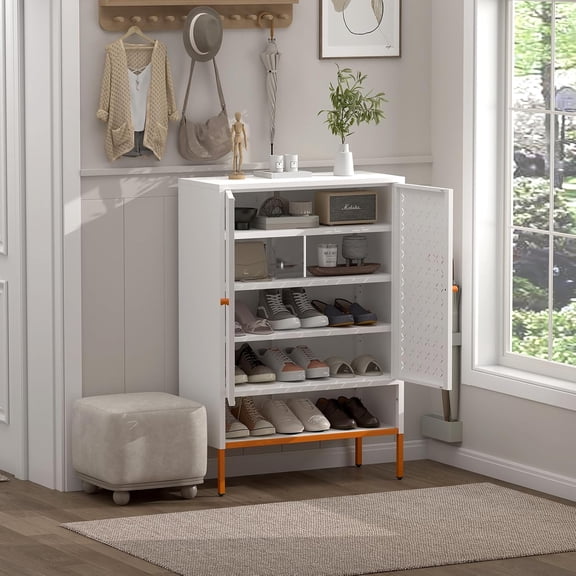 LJAN 20-Pair Shoe Cabinet with Ventilated Elevated Base, Double Door Shoe Storage Cabinet with 2 Adjustable Shelves, Entryway Organizer for Hallway, Living Room, White