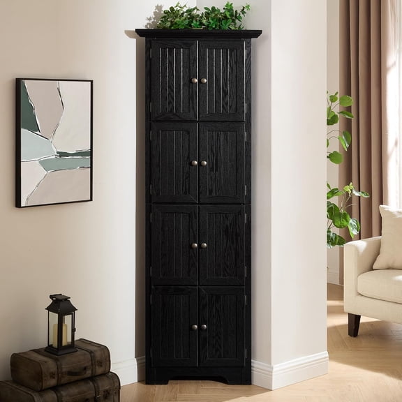 LJAN 4-Tier 72" Tall Corner Kitchen Pantry Storage Cabinet Freestanding Wooden Pantry - 8 Doors, 4 Shelves - Vintage Design for Living, Kitchen, Dining & Office