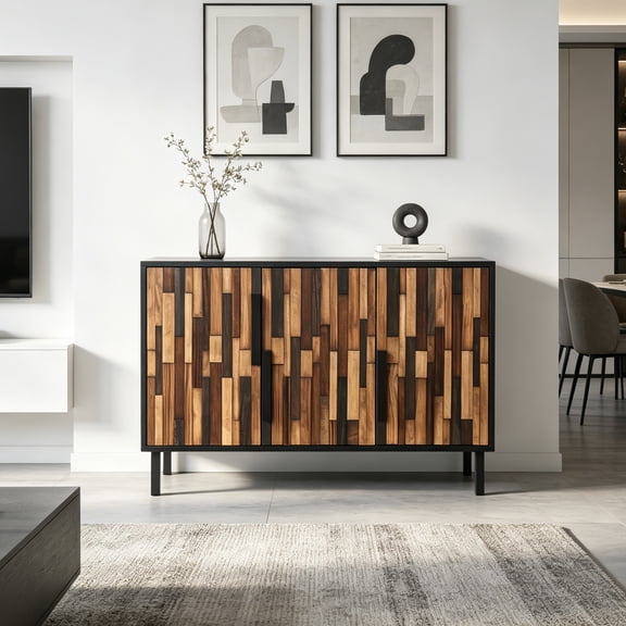 LJAN 47.24" Geometric Sideboard with Straight Wood Pattern, Vintage Entryway Sideboard Cabinet, Entryway Buffet Sideboard with 4 Straight Wood Pattern Doors for Living Room Entryway