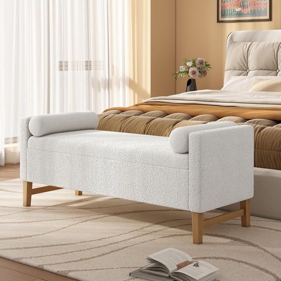 LJAN 50" Rectangular Upholstered Ottoman Bench with Storage , Boucle Modern Entryway Bench with Solid Wood Legs and Armrests for Living Room, Bedroom, Hallway, Ivory
