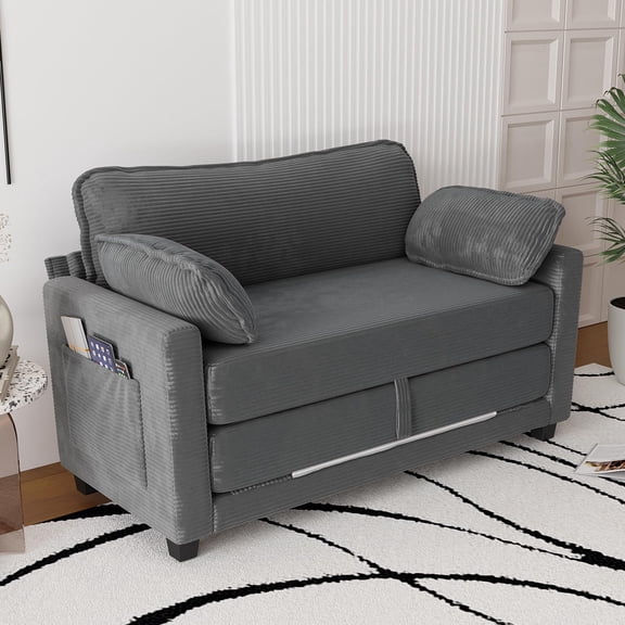 LJAN 51" Convertible Folding Sofa Bed with Side Storage, Corduroy Loveseat Sleeper, High-Rebound Sponge & Solid Wood Frame, 2 Pillows for Living Room, Apartment, Office