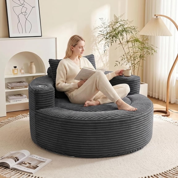 LJAN 55.5" Oversized Round Chaise Lounge Chair Indoor with Stainless Steel Cup Holders, Modern Upholstered Corduroy Cloud Boneless Chair, Deep Seat Circle Floor Sofa for Living Room, No Assembly