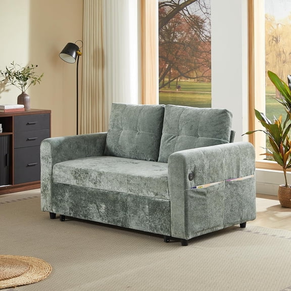 LJAN 58.27" Pull Out Sofa Bed, Convertible Tufted Sleeper Loveseat with Adjustable Backrest, 3 USB Charging Ports, Compact Couch Bed for Guest Room, Studio, Multi-Functional Living Space
