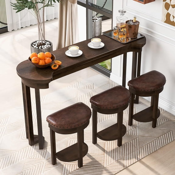 LJAN 60" Solid Pine Wood Bar Table Set with 3 PU Stools Chairs, Long Bar High Top Dining Table & Upholstered Stools, Behind Couch Sofa Counter Height Pub Table for Breakfast, Kitchen Living Room