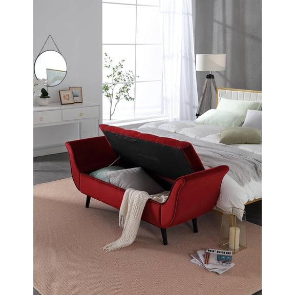 LJAN 65" Velvet Upholstered Storage Ottoman,Timeless Retro Bench End of Bed,Elegantly Window Sitting with Pillows,Spacious Comfortable Shoe Bench for Entryway,Living Room,Bedroom,Red