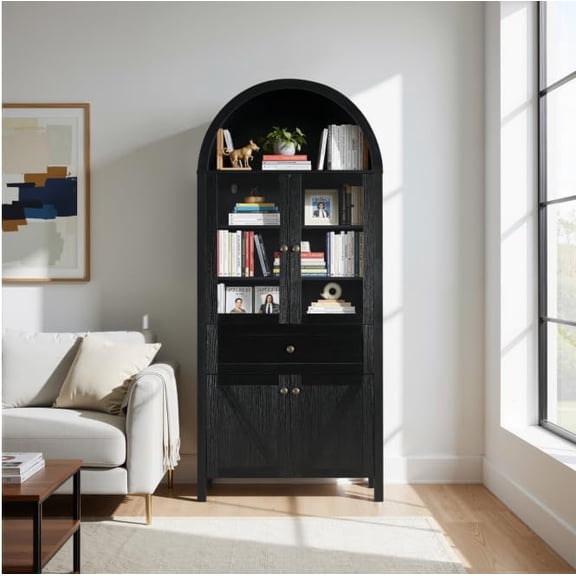 LJAN 70" Fluted Tall Arched Pantry Cabinet: Adjustable Shelves, Elegant Display Storage with Hidden Drawer & Glass Door - Perfect for Kitchen, Living & Dining Rooms (Black)