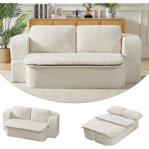 LJAN 74.8" Convertible Futon Sofa Bed, Modern Boneless Loveseat Pull Out Couch Bed, Folding Sleeper Sofa Bed Couch for Bedroom, Apartment, Living Room, No Assembly Required, Cream