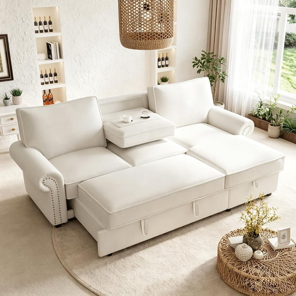 LJAN 95-Inch L-Shaped Reversible Sleeper Sectional Sofa Oversized Corner Pull Out Sleeper Couch Bed with Cup Holders and Nailhead Decor, Comfy Chenille Upholstered Corner Sofa Bed